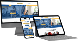 HiTONE Fitness website on computer, tablet, and phone screens